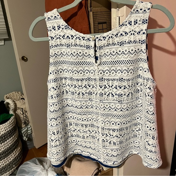Anthropologie Postmark Blue and White Striped Top Crochet Overlay NWT Swing Tank - Picture 7 of 9